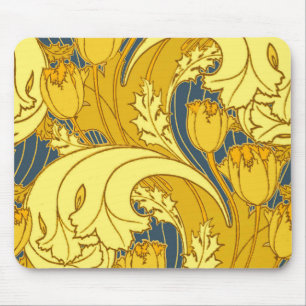 Vintage Blue and Gold Tulip Pattern Mouse Pad