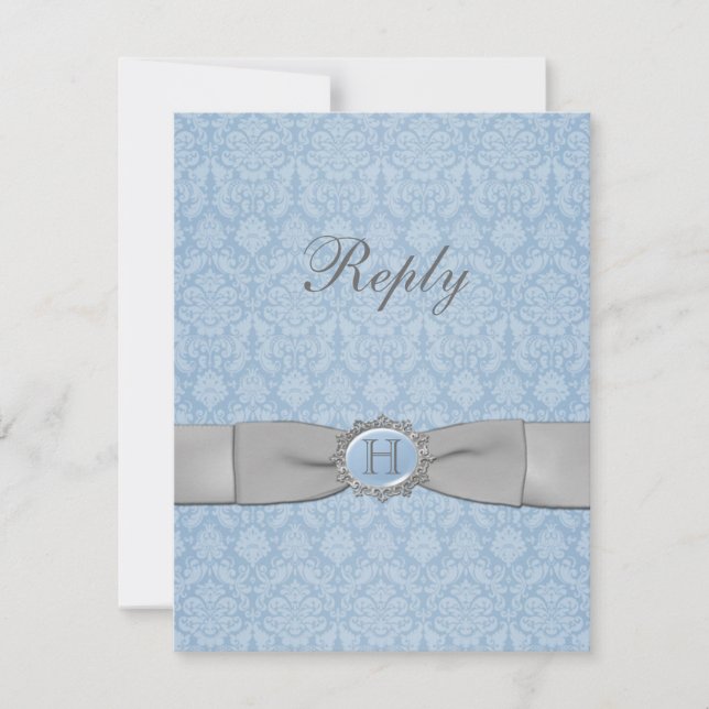 Vintage Blue and Grey Damask Reply Card (Front)
