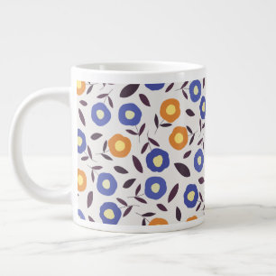 Vintage Blue and Orange Flower Pattern Large Coffee Mug