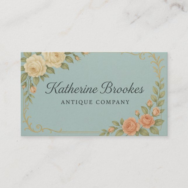 Vintage Blue and Peach Floral Business Card (Front)