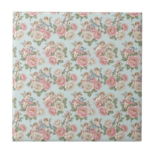 Vintage Blue and Pink Coquette Cherub Angel Rose Tile