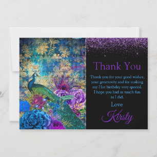 Vintage Blue and Purple Peacock Birthday Thank You Card