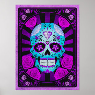Vintage Blue and Purple Sugar Skull with Roses Poster