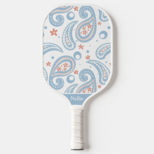 Vintage Blue and Terracotta Pink Paisley Pickleball Paddle