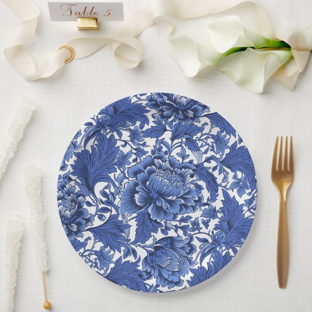 Vintage Blue and White Chintz Traditional Paper Plate (Wedding)