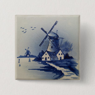 Vintage Blue and White Delft Artwork Painting 2 Inch Square Button