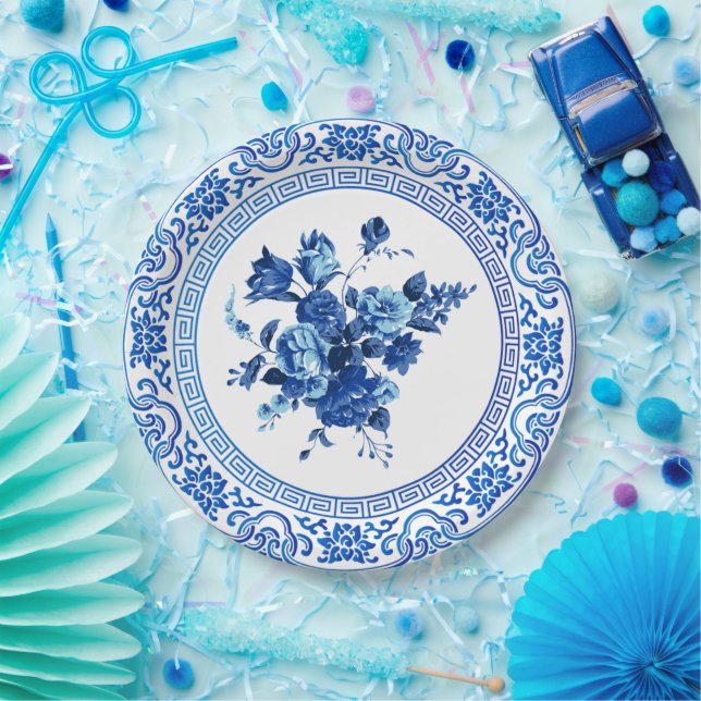 Vintage Blue And White Floral  Paper Plate (Party)
