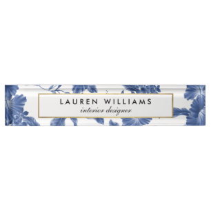 Vintage Blue and White Floral Pattern Nameplate