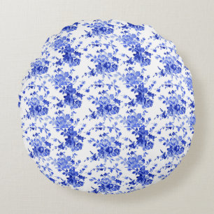 Vintage Blue and White Floral Pattern Round Pillow