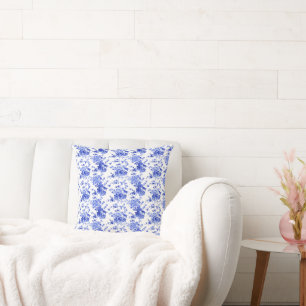 Vintage Blue and White Floral Pattern Throw Pillow