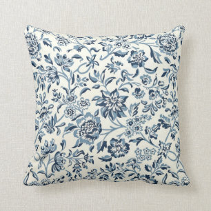 Vintage blue and white floral pattern throw pillow