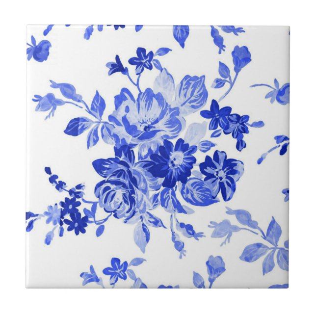 Vintage Blue and White Floral Pattern Tile (Front)