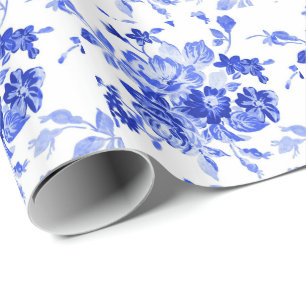 Vintage Blue and White Floral Pattern Wrapping Paper