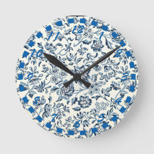 Vintage Blue and White Floral Round Clock