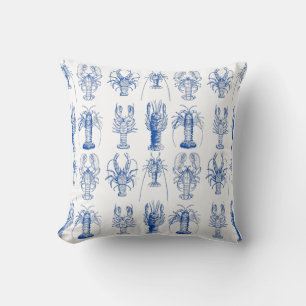 Vintage blue and white Lobster Crustacean print Throw Pillow