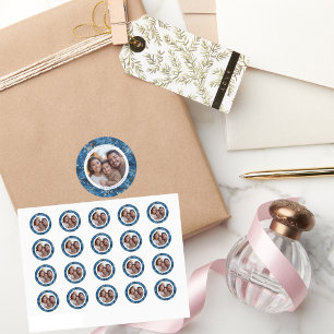 Vintage Blue and White Snowflakes Christmas Photo Classic Round Sticker