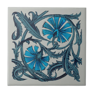 Vintage Blue Antique Flower art rustic Tile Decor