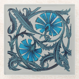 Vintage Blue Antique Flower art rustic Tile Decor Glass Coaster