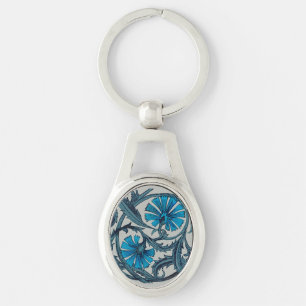Vintage Blue Antique Flower art rustic Tile Decor Keychain