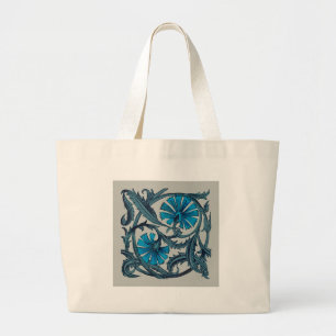 Vintage Blue Antique Flower art rustic Tile Decor Large Tote Bag
