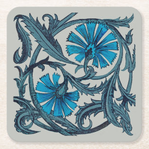 Vintage Blue Antique Flower art rustic Tile Decor Square Paper Coaster