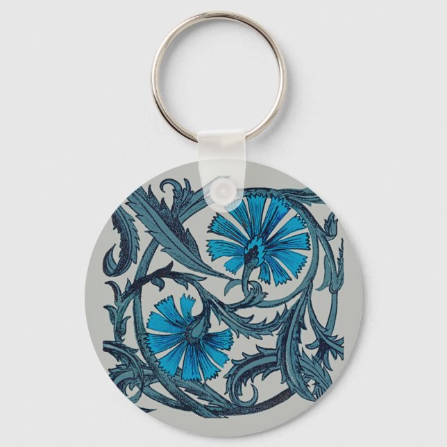 vintage blue antique flower arts crafts rustic keychain (Front)