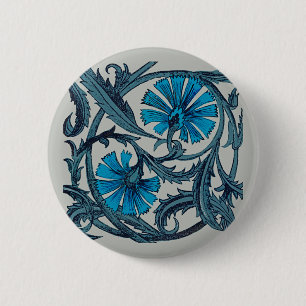vintage blue antique flower graphic art design 2 inch round button