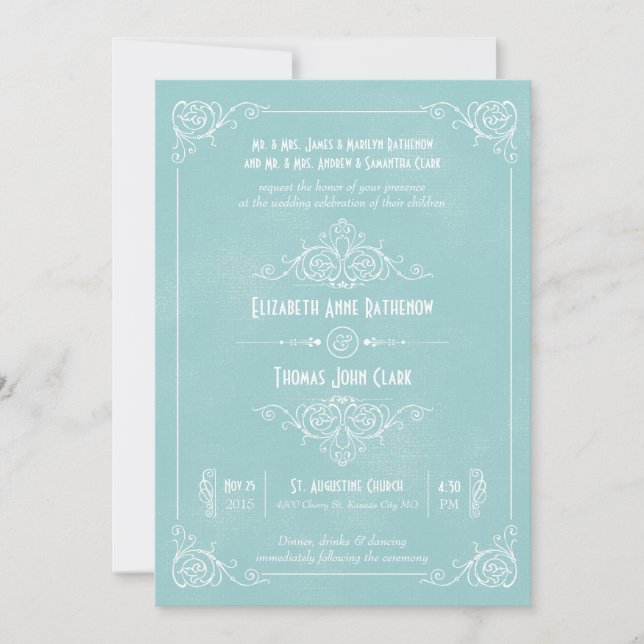 Vintage Blue Art Deco Wedding Invitations (Front)