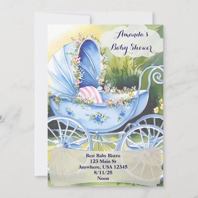 Vintage Blue Baby Carriage in Garden Bloom invites (Front)