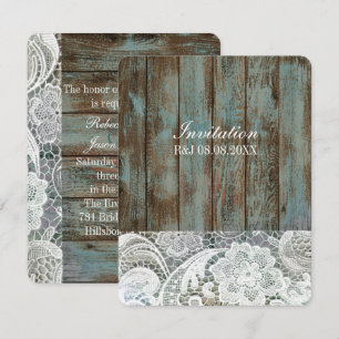 vintage blue barn wood lace country wedding invitation
