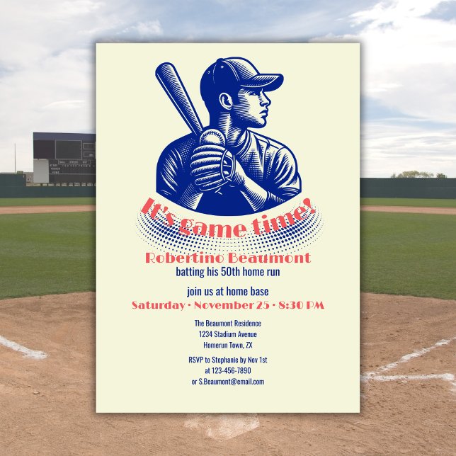 Vintage Blue Baseball Player Men's 50th Birthday Invitation (Creator Uploaded)