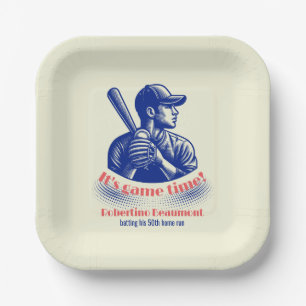 Vintage Blue Baseball Player Men's 50th Birthday Paper Plate