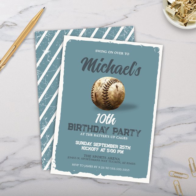 Vintage Blue Baseball Theme Viewing Birthday Party Invitation (Blue Grey Vintage Baseball Theme Birthday Party Invitation or Watch Party Invite for Viewing Party)