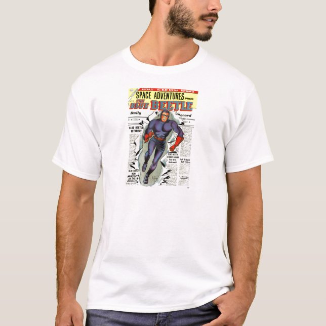 Vintage Blue Beetle Comic Book Superhero T-Shirt (Front)