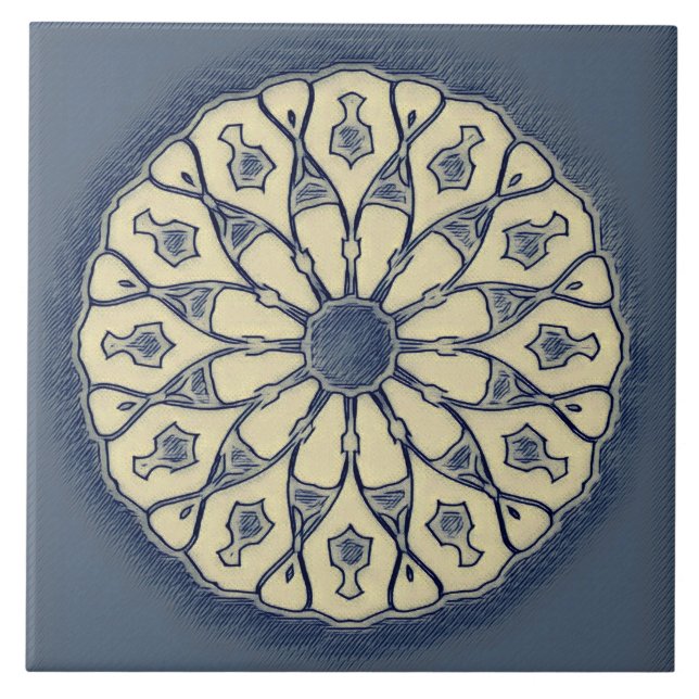 Vintage Blue–Beige Radial Mandala Ornament Tile (Front)
