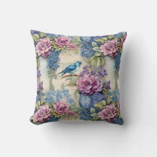Vintage Blue Bird and Flowers Serenade Throw Pillow