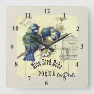 Vintage Blue Bird Birdcage Collage Square Wall Clock