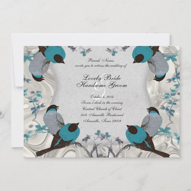 Vintage Blue Birds Birdbath Silver Wedding Invite (Front)
