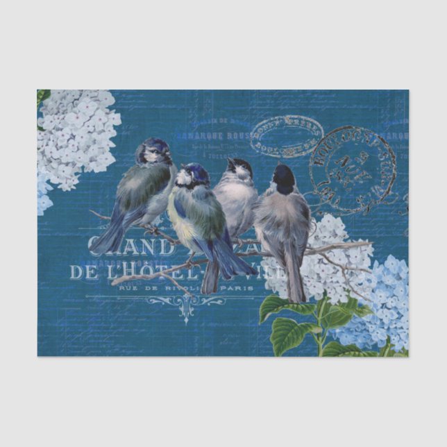 Vintage Blue Birds Flowers French Tissue Paper (Front)