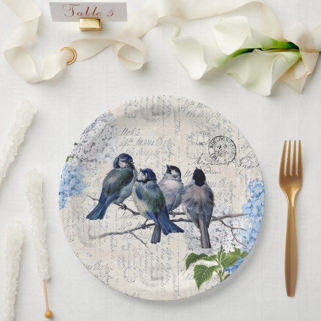Vintage Blue Birds Flowers Italian Paper Plate (Wedding)