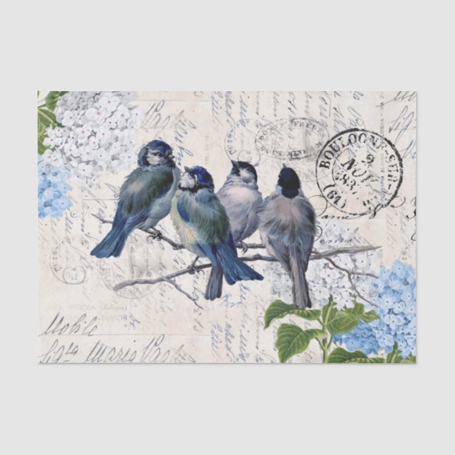 Vintage Blue Birds Flowers Italian Tissue Paper (Front)