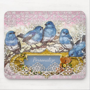 Vintage Blue Birds Happiness Home Office Computer Mouse Pad