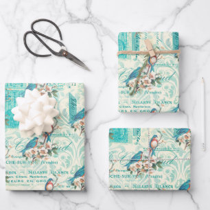 Vintage Blue Birds On Ephemera Wrapping Paper Sheet