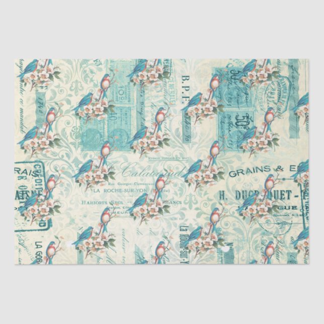 Vintage Blue Birds On French Ephemera   Tissue Paper (Front)