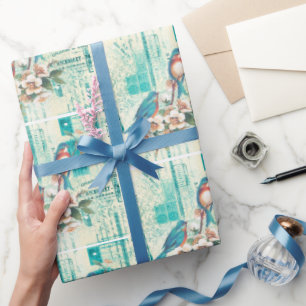 Vintage Blue Birds On French Ephemera   Wrapping Paper