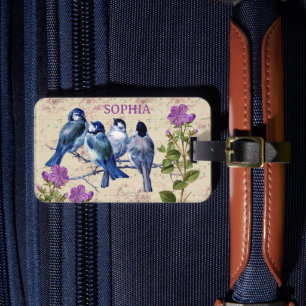 Vintage Blue Birds, Purple Flowers, Beige Music Luggage Tag