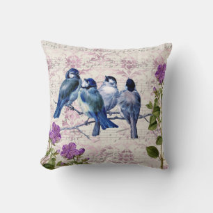 Vintage Blue Birds, Purple Flowers, Lavender Music Throw Pillow
