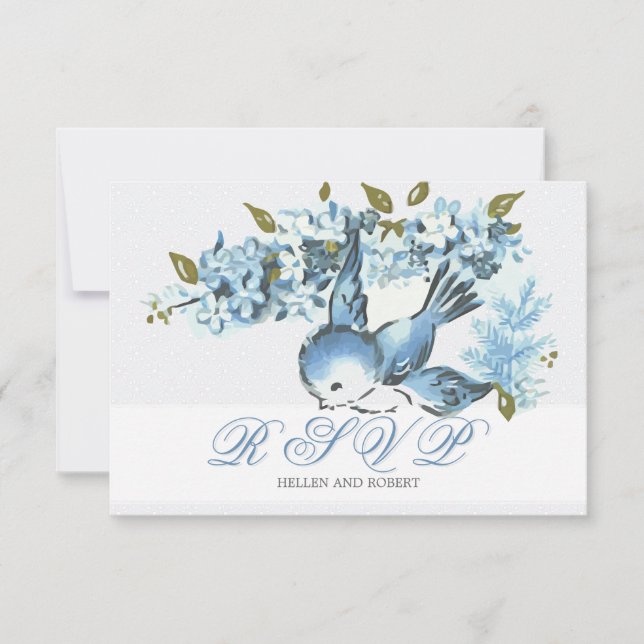 Vintage Blue Birds Winter Wedding RSVP Card (Front)