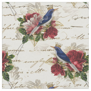 Vintage Blue Birds with Crowns and Roses Fabric