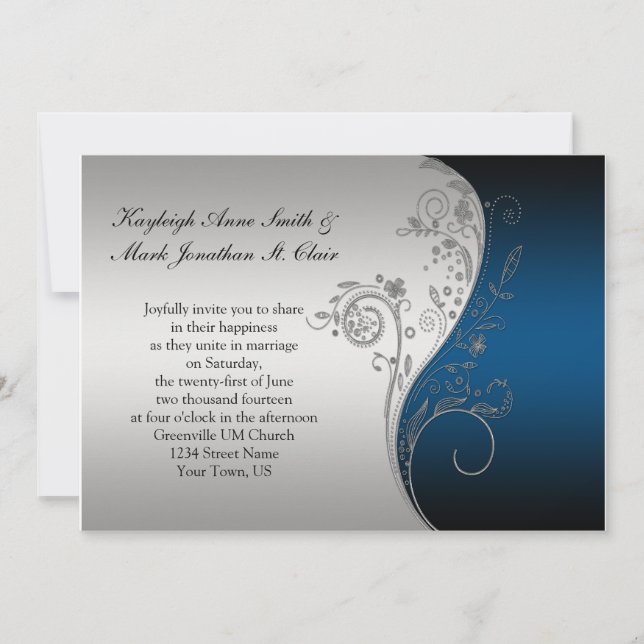Vintage Blue Black and Silver Wedding Invitation (Front)